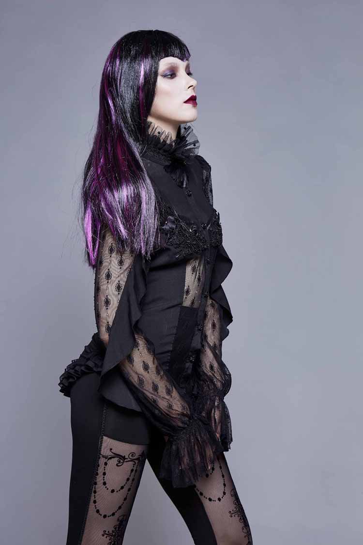 Black Chiffon High Collar Front Chest Beaded Flowers Lace Cuff Back Waist Lace Up Women's Gothic Blouse