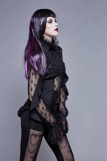 Black Chiffon High Collar Front Chest Beaded Flowers Lace Cuff Back Waist Lace Up Women's Gothic Blouse