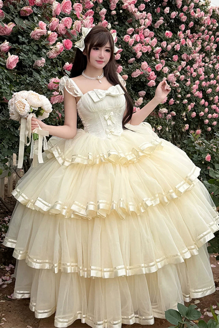 Apricot [Sweet Organza Satin] Sleeveless Multi-Layered Ruffled Hanayome Bow Lace Sweet Elegant Princess Lolita Jsk Dress