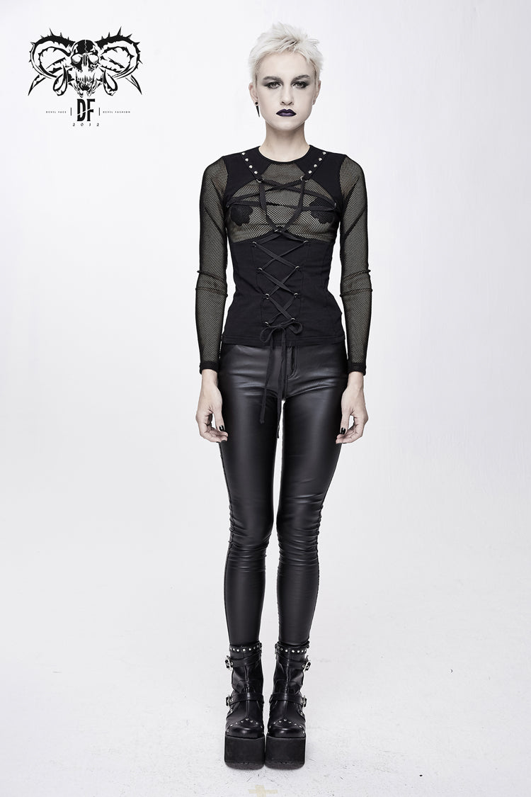 Black Chest Perspective Pentagram Lace Up Mesh Tight Women's Punk T-Shirt