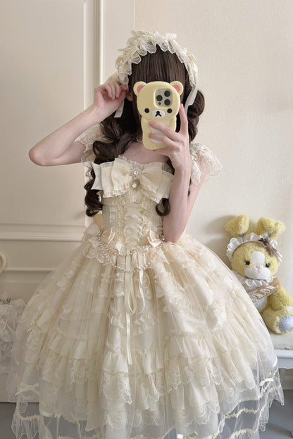 Apricot [Eternal Vow] Sleeveless Multi-Layered Ruffle Hanayome Bowknot Lace Lace-Up Sweet Lolita Jsk Dress