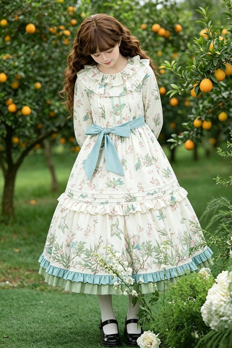 Apricot Round Collar Long Sleeves Double-Layered Floral Bird Printed Ruffled Bow Sweet Plus Size Lolita Dress