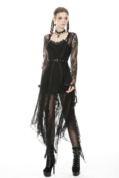 Black Long Trumpet Sleeves Sheer Floral Lace Women's Gothic Maxi Cloak with Belts