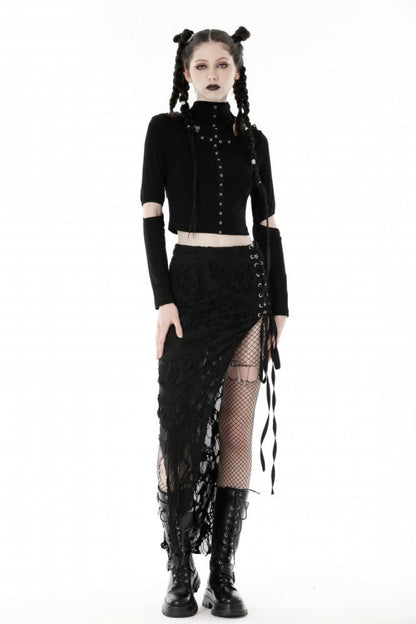 Black Metal Cross Eyelet Long Sleeves Cut-Out Women's Punk Crop Top with Ripped Hood