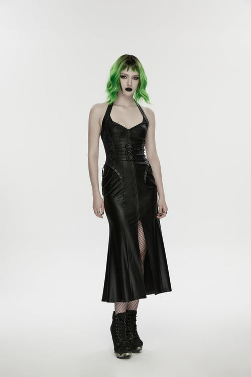 Black Halterneck Sleeveless Lace-Up Slim Buckled Women's Punk Dress