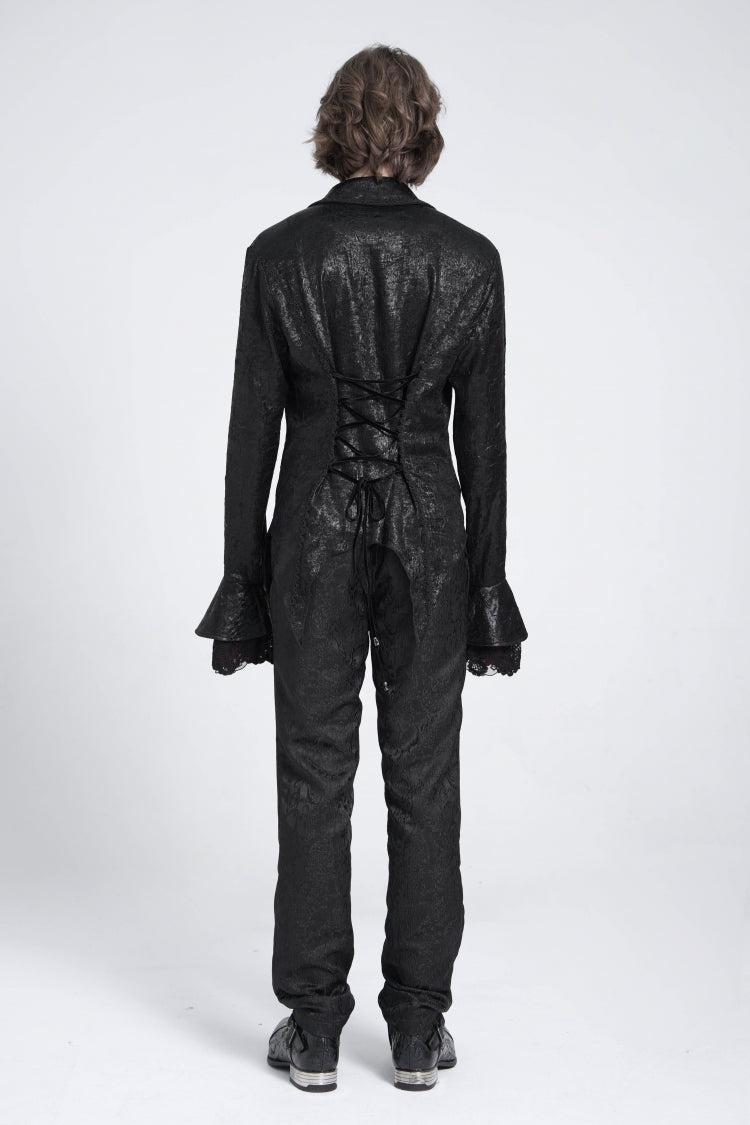 Black Long Trumpet Sleeves Lace-Up Men's Gothic Swallow-tailed Blouse