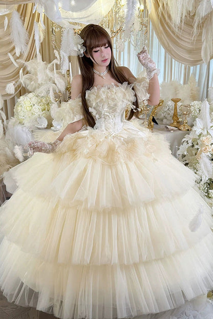 Apricot [Dream Confession] Sleeveless Triple-Layered Ruffled Hanayome Bow Lace Lace-Up Sweet Lolita Jsk Dress Long Version