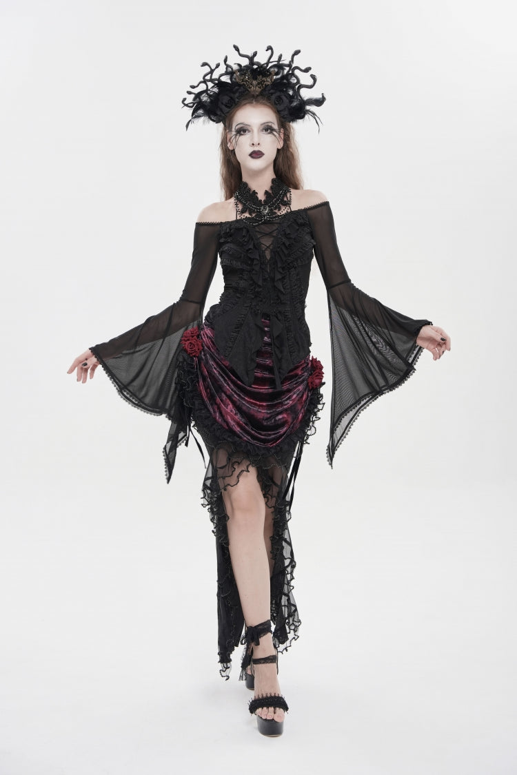 Black Off Shoulder Long Trumpet Sleeves Ruffled Embroidered Lace-Up Women's Gothic Blouse