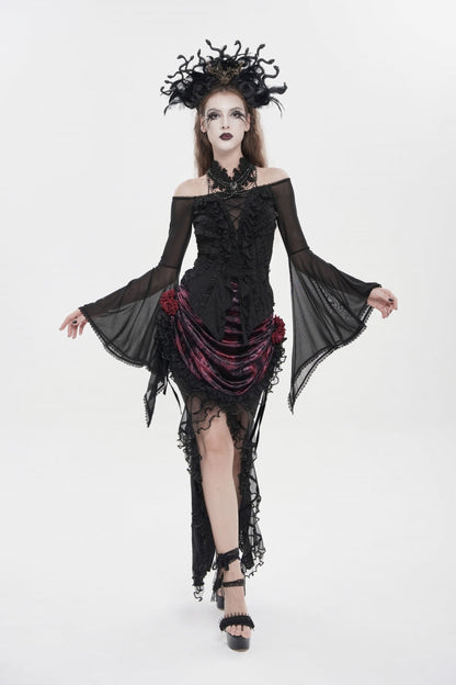 Black Off Shoulder Long Trumpet Sleeves Ruffled Embroidered Lace-Up Women's Gothic Blouse