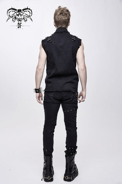 Black Faded Shoulder Bullet Clip Rivet Men's Punk Waistcoat