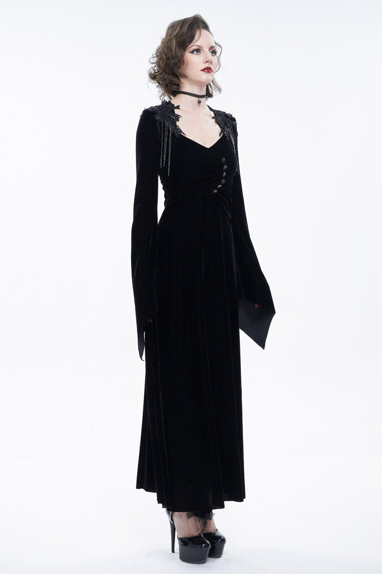 Black Embroidered Fringe Flared Sleeve Women's Gothic Dress