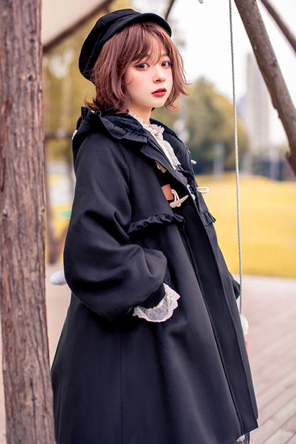 Black Cat Tail Long Sleeves Ruffle Bowknot Hooded Sweet Lolita Coat