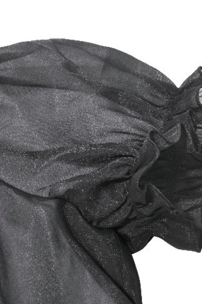 Black Deep V Collar Short Puff Sleeves Multi-Layered Ruffled Lace Sheer Women's Gothic Blouse