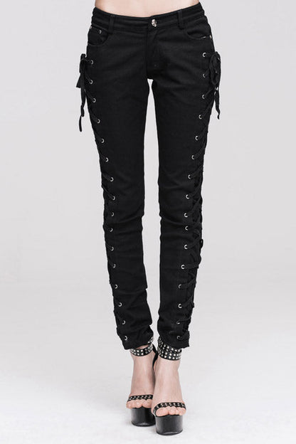 Black Lace Up Punk Classic Stretchy Womens Pants