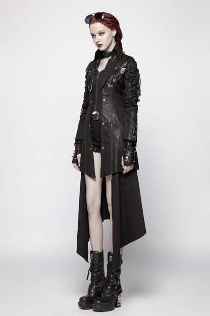 Black Metal Buckle Decoration Zipper Womens Steampunk Windbreaker Coat