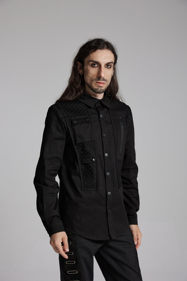 Black Lapel Collar Long Sleeves Zip Mesh Pocket Men's Punk Blouse