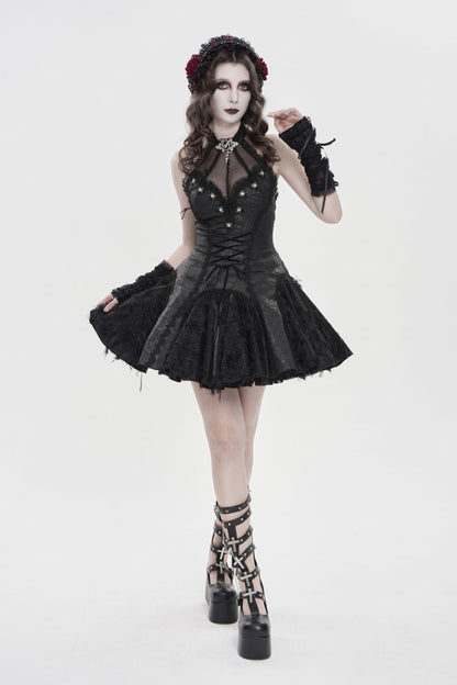 Black Off Shoulder Sleeveless Printed Spliced Lace Lace-Up Pleated Women's Gothic Dress