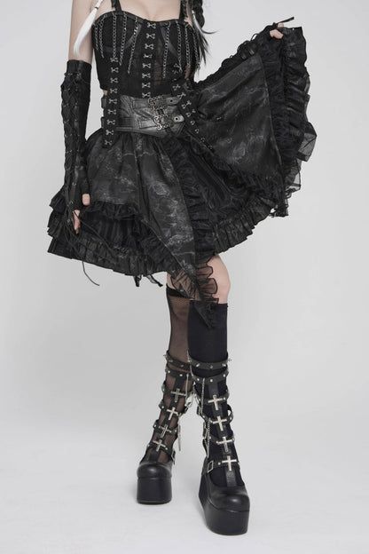 Black Multi-Layered Printed Spliced Lace Lace-Up Buckled Pleated Eyelet Women's Gothic Skirt