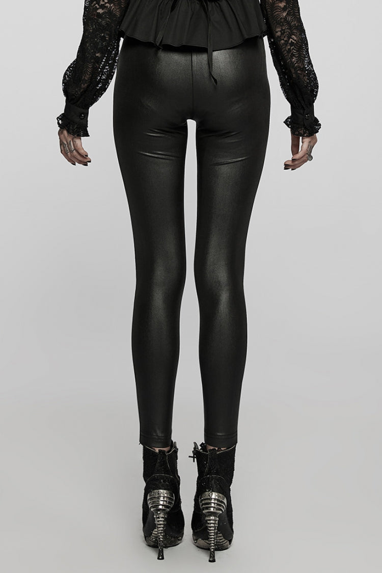 Black Floral Hollow Slim Faux Leather Women's Gothic Leggings