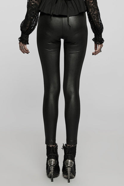 Black Floral Hollow Slim Faux Leather Women's Gothic Leggings