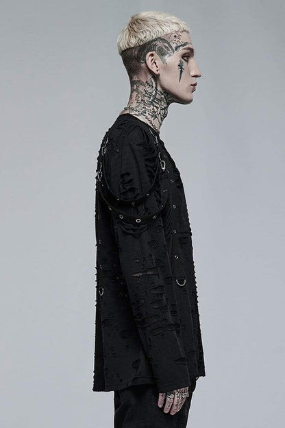 Black Gothic Broken Holes Knitted Fabric Stitching Metal Buckle Detachable Decorative Tape Long Sleeve Men's T-Shirt
