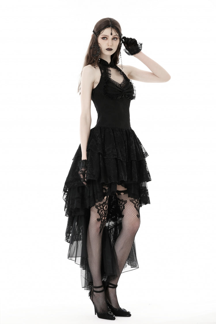 Black Off Shoulder Halterneck Sleeveless Irregular High Low Multi-Layered Lace Women's Gothic Dress