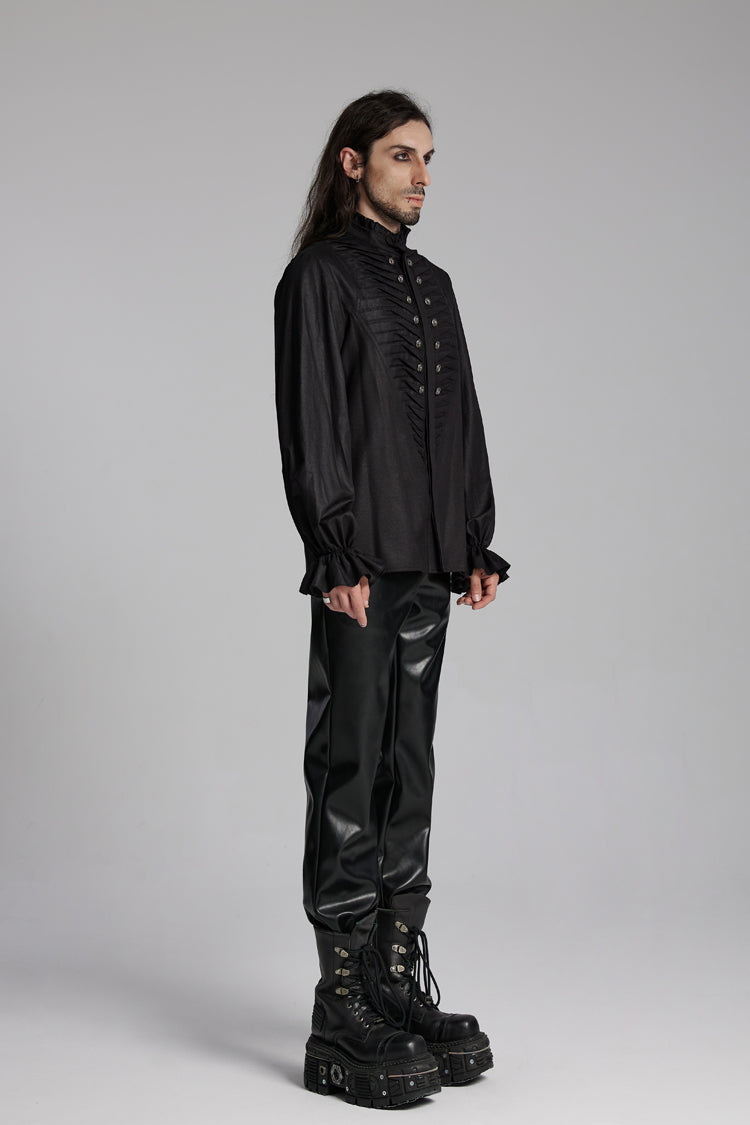 Black Long Sleeves Ruffle Beast Buckle Men's Gothic Blouse