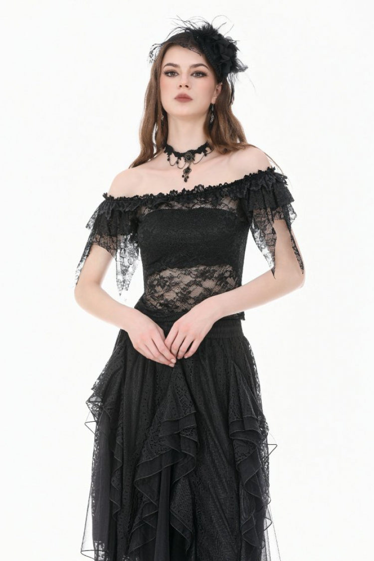 Black Off Shoulder Floral Sheer Lace Women's Gothic Top