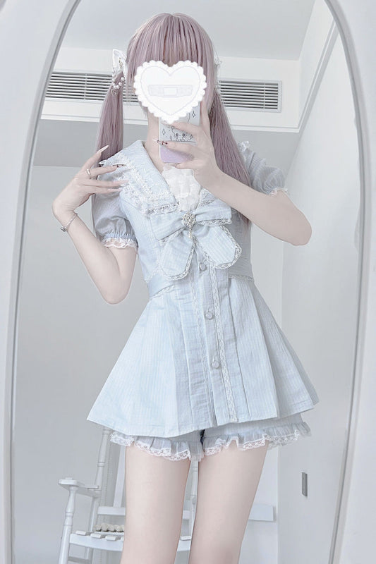 Aqua [Serenade] Short Sleeves Ruffle Bowknot Lace Sweet Jirai Kei Dress Set