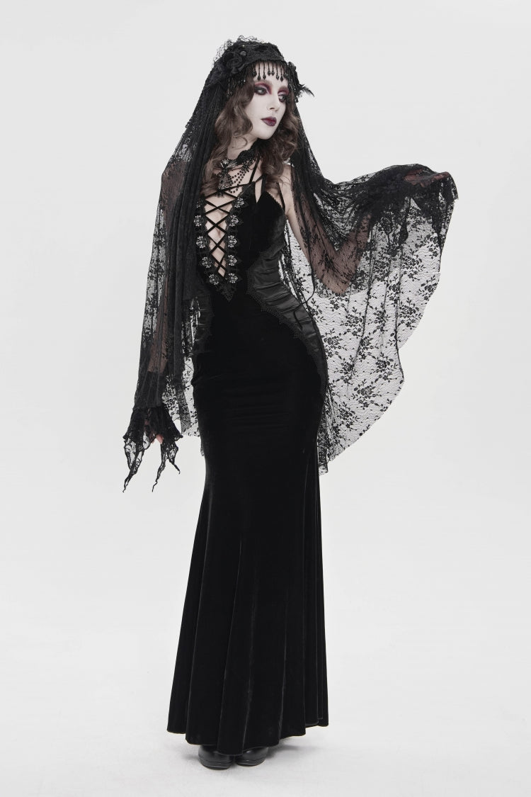 Black Off Shoulder Sleeveless Hanayome Spliced Lace-Up Slim Pleated Women's Gothic Jsk Dress