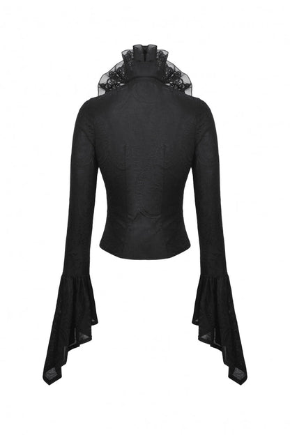 Black Lace Ruffled V Stand Collar Long Flared Sleeves Jacquard Women's Gothic Blouse