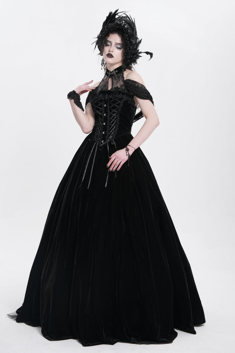 Black Off Shoulder Embroidery Lace Lace-Up Women's Gothic Gown Dress