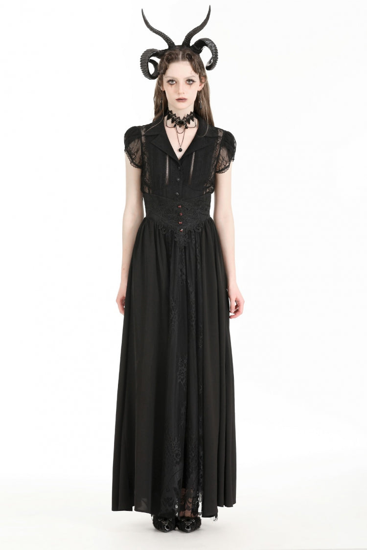 Black High Waisted Heart Embroidered Lace Women's Gothic Maxi Skirt
