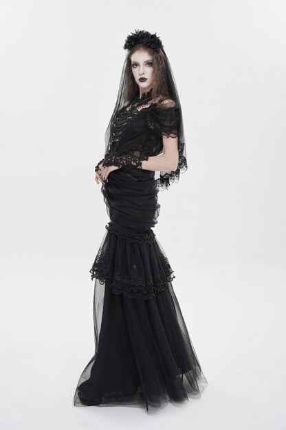 Black Off Shoulder Ruffled Cut-Out Lace Pleated Women's Gothic Dress