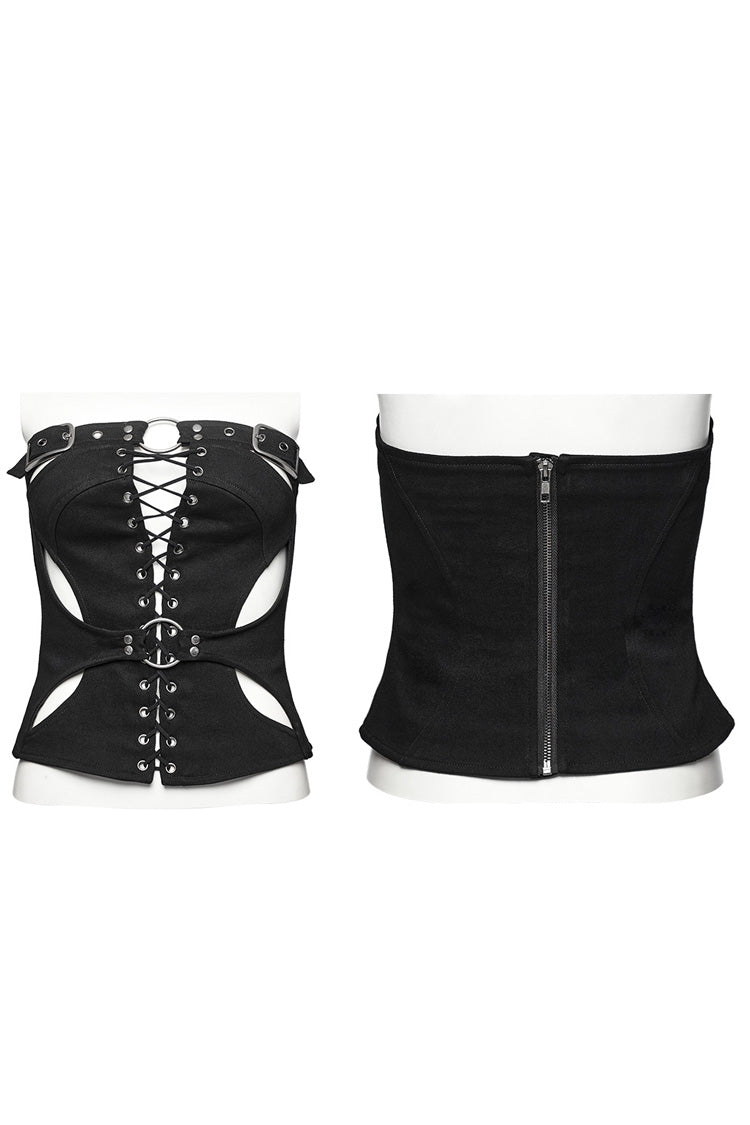 Black Hollow Lace-Up Ripped Buckle Women's Punk Tube Top