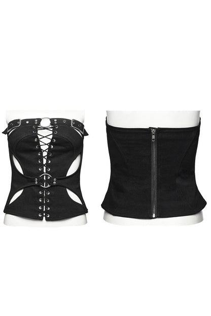 Black Hollow Lace-Up Ripped Buckle Women's Punk Tube Top