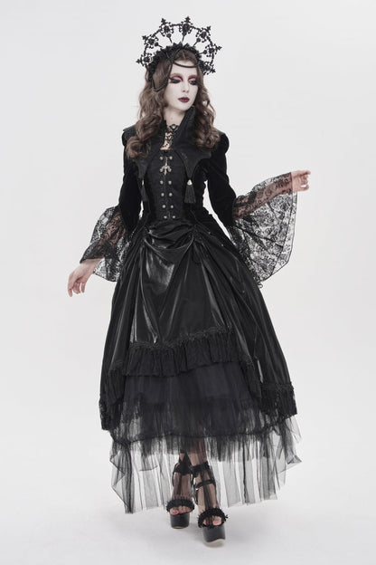 Black Long Trumpet Sleeves Embroidered Lace Slim Zippered Women's Gothic Bat Wing Collar Double-breasted Zip Jacket