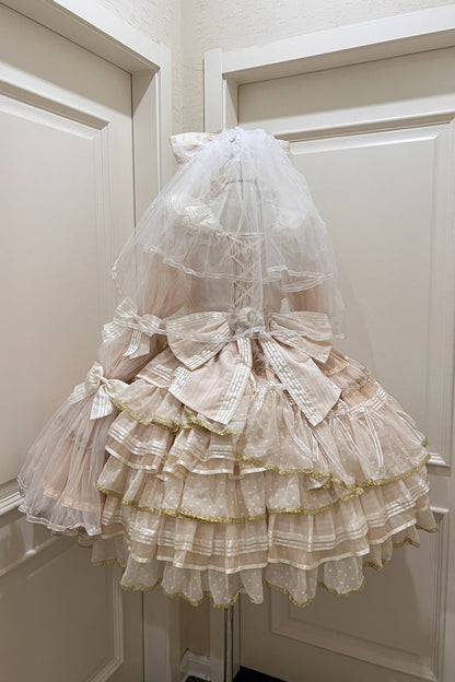 Apricot [Coronation] Long Trumpet Sleeves Multi-Layered Ruffle Bowknot Lace Sweet Gorgeous Lolita Dress Set