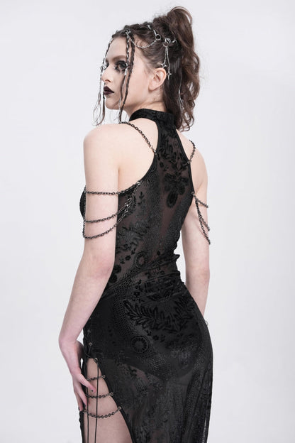 Black Halterneck Sleeveless Cheongsam Collar Side Slit Embroidery Women's Gothic Dress