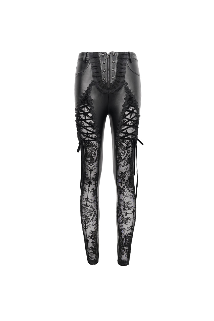 Black Flocked Stretch Slim Thigh Lace String Adjustable Women's Gothic Leggings