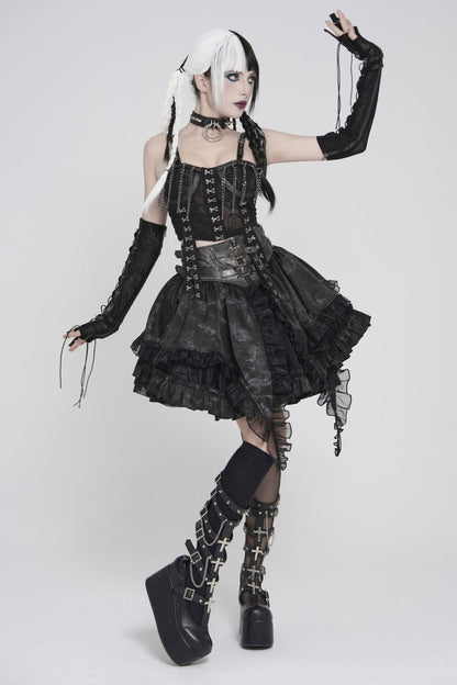 Black Multi-Layered Printed Spliced Lace Lace-Up Buckled Pleated Eyelet Women's Gothic Skirt