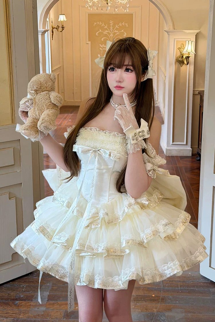 Apricot [Princess Ribbon] Off Shoulder Triple-Layered Ruffle Bowknot Sweet Lolita Dress