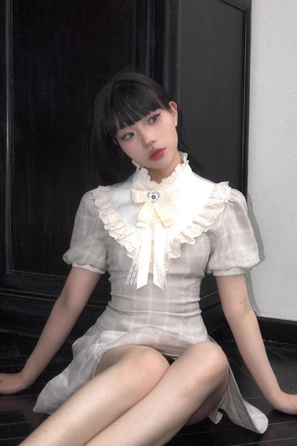 Apricot Short Sleeves Plaid Printed Lace Jirai Kei Japanese Dress