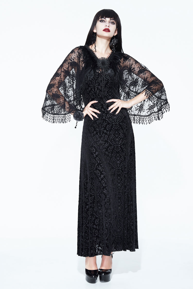 Black Lace Shawl Dark Pattern Velvet Women's Gothic Slip Dress
