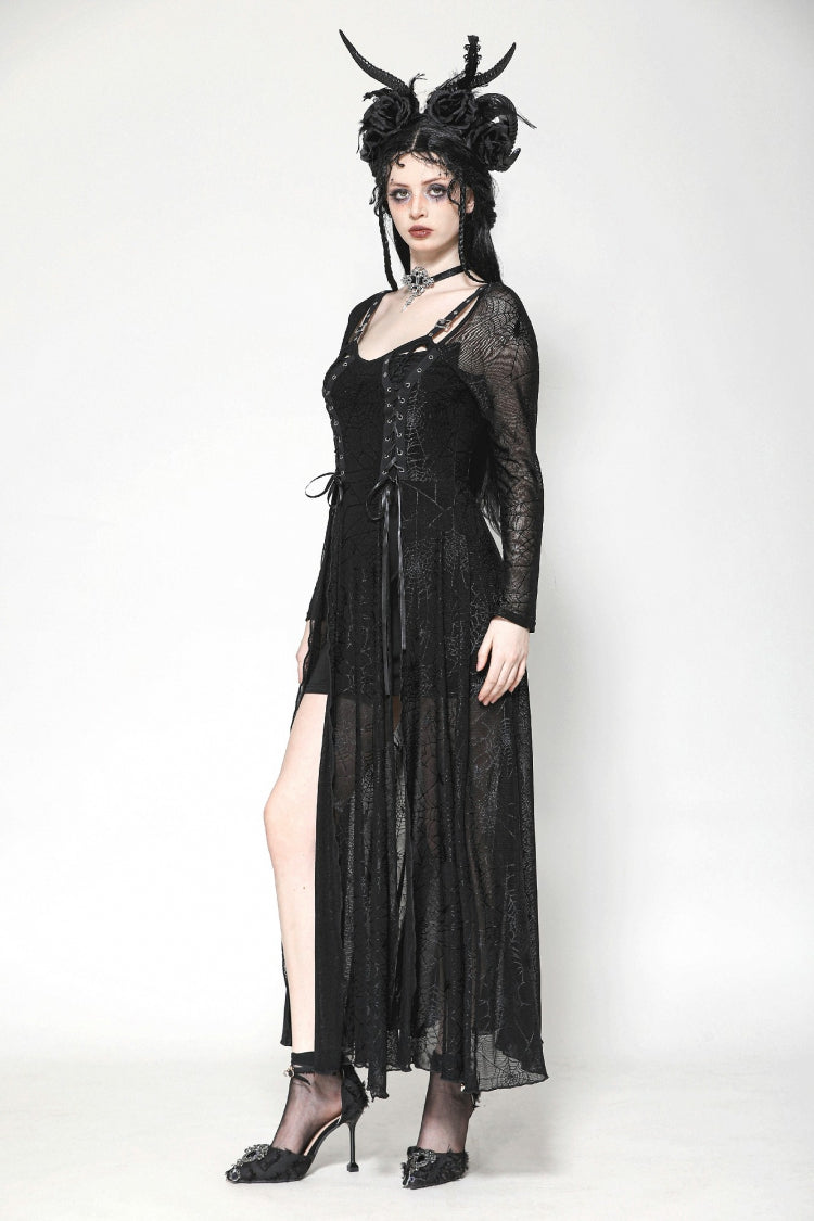 Black Long Sleeves Lace-Up Spiderweb Women's Gothic Elegant Witch Long Dress