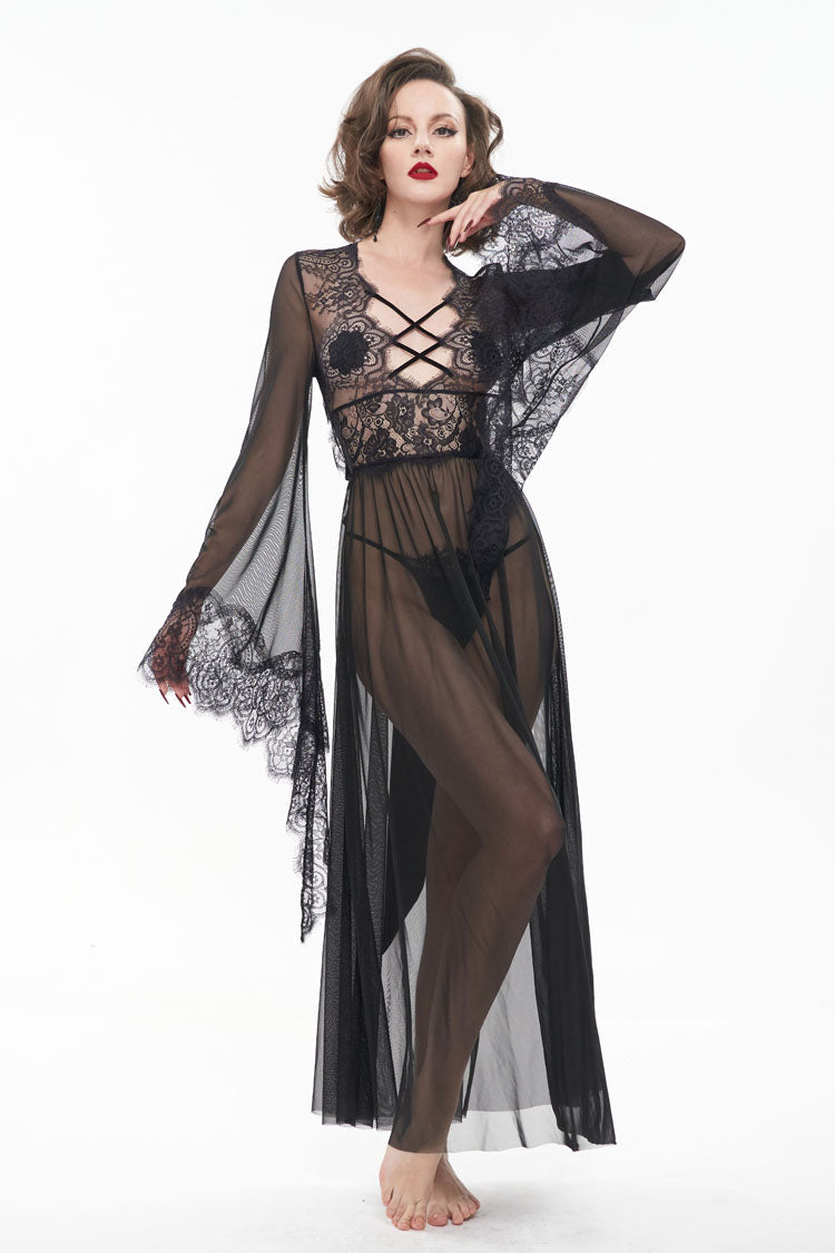 Black Perspective V-Neck Sexy Backless Lace Up Lace Flare Sleeve Women's Gothic Dress
