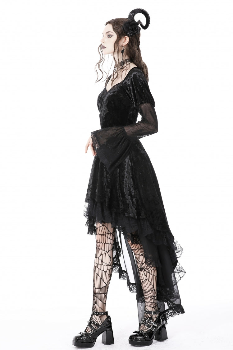 Black Long Puff Sleeves High Low Irregular Multi-Layered Lace Women's Gothic Velvet Dress