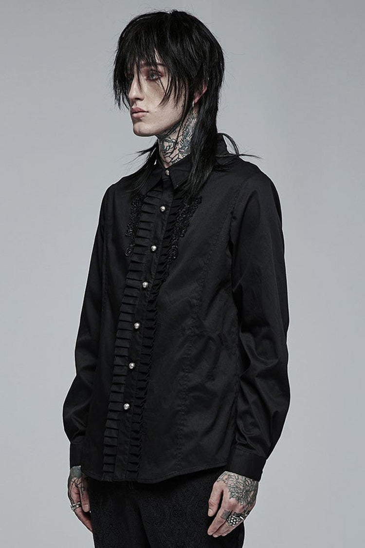 Black Gothic Delicate Decals Placket Pleated Ruffle Long Sleeve Men's Shirt