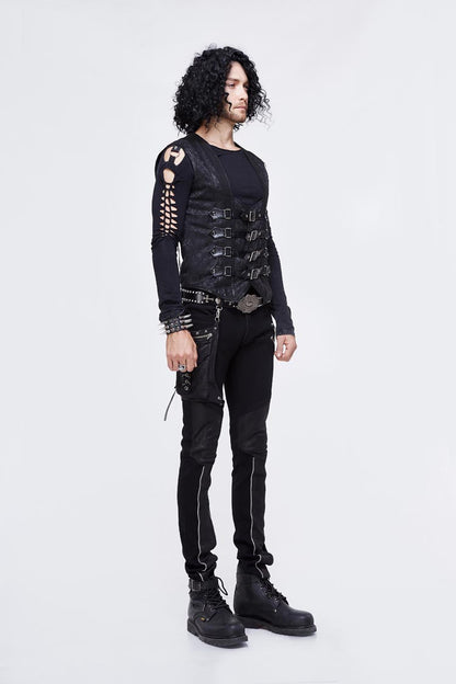 Black Jacquard Splice Heat Seal Backing Chest Loop Lace Up Men's Punk Waistcoat