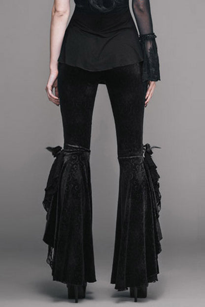 Black Gothic Lace Hem Embossed Velvet Flare Womens Pants